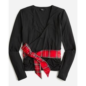 J. Crew Form‎ Knit Long Sleeve Wrap Top Black with Plaid Waist Tie XS Holiday